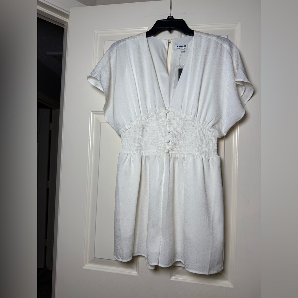 Express White Short Sleeve Smocked Waist Romper